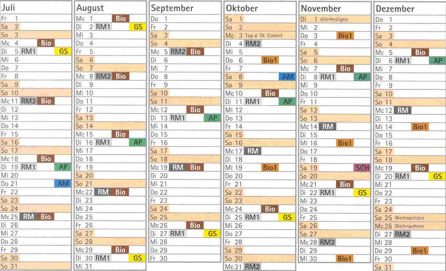 Abfallkalender, 2. Halbjahr