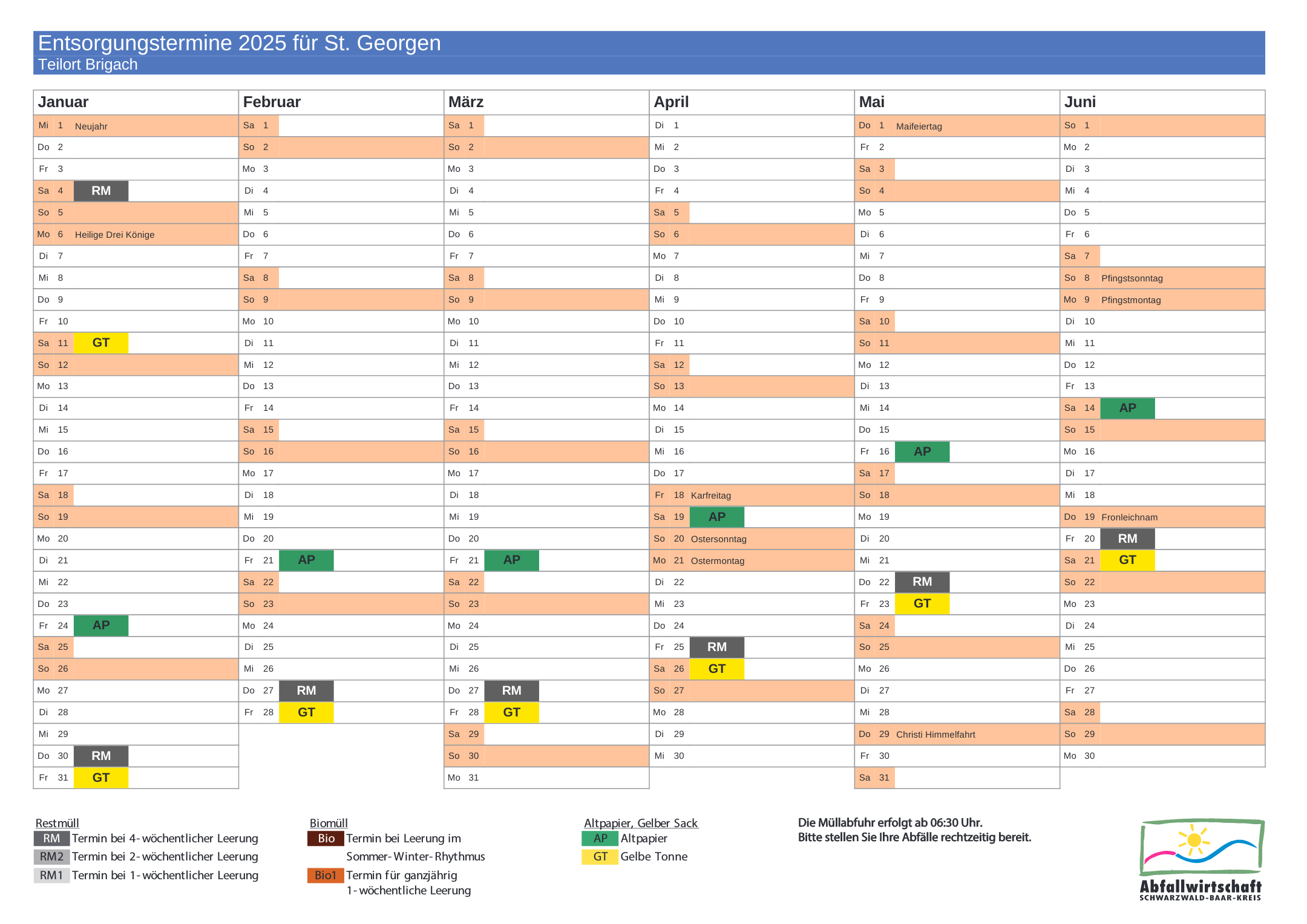 Abfall Kalender 2025 Brigach 1. Halbjahr