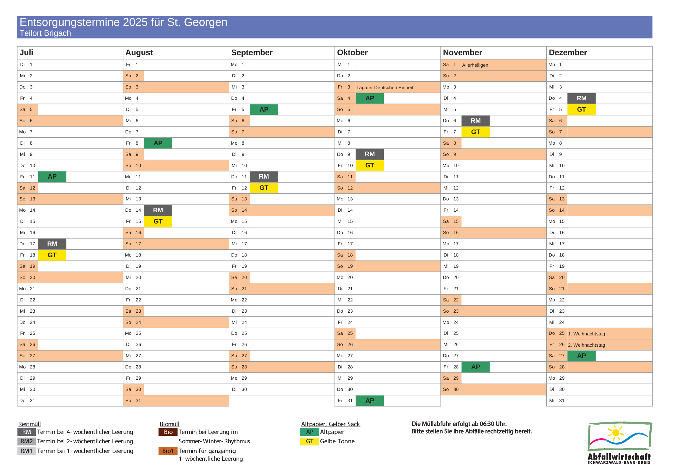 Abfall Kalender 2025 Brigach 2. Halbjahr