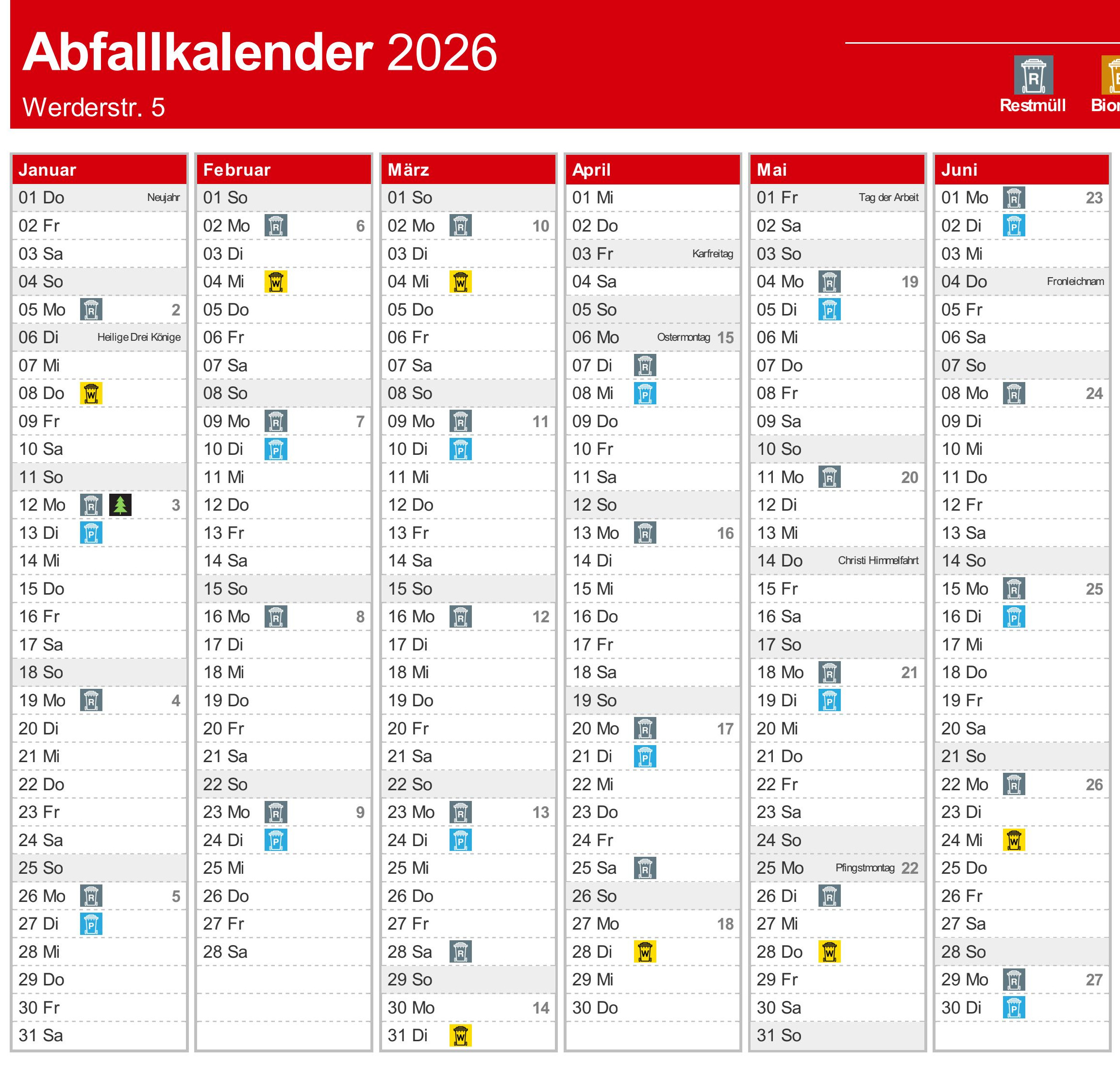 Abfall Kalender 2026 Mannheim 1. Halbjahr